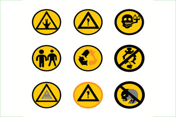 Set of Warning Hazard Signs circle yellow sign, vector icon isolated on white background. Danger warning set circle and triangle yellow sign. Danger warning signs, threat icons. 
