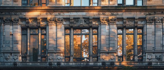 Sunset Reflections on a Mid-Rise Limestone Building 