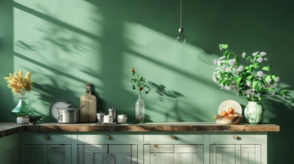 Wall Mural - An elegant kitchen environment with green walls, adorned with simple yet beautiful decor and accessories.