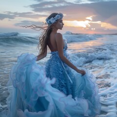 A goddess standing besides the sea, wearing blue foamy ocean waves gown, foamy ocean waves, dawn light