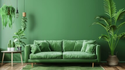 Mockup of green wall with green sofa and decor in living room.