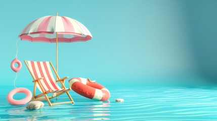 Wall Mural - Summer vacation flat lay with beach towel, umbrella, chair and inflatable ring on blue background.