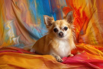 little dog laying against colourful rainbow orange material background