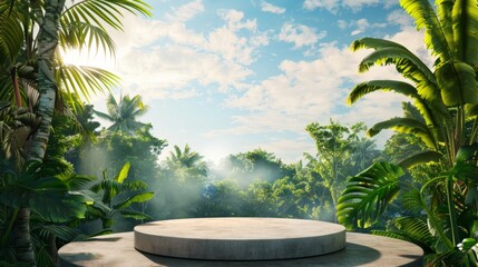 Poster - In the background there is a view of the sky behind the circular podium in the tropical forest.