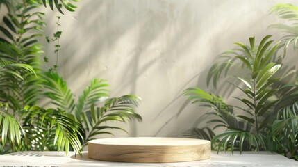 Poster - The photo shows a circle wooden plinth in tropical forest and a cream colored backdrop.