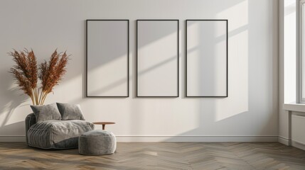 Poster - In a living room interior with a velvet armchair and a vertical poster, there is an empty white wall with vertical frames. A 3D render is shown.