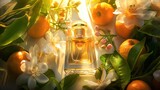 A bottle of perfume surrounded by orange blossom and jasmine