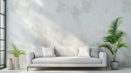 Poster - A bright and cozy living room interior with white plaster walls, a sofa, and a plant