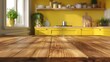 © Антон Сальников - Table top with wooden table on blurry background in yellow kitchen room - 3D rendering