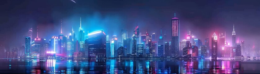 Wall Mural - Sci - fi City Skyline with Blue and Pink Neon lights.