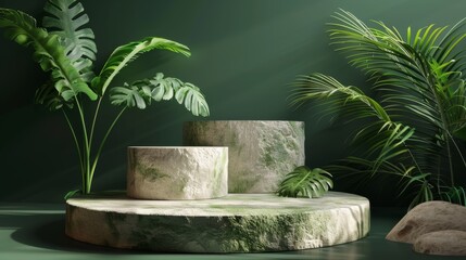 Poster - The product is a stone podium with tropical leaves on a green background. It is rendered in 3D.