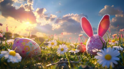 Sticker - An Easter landscape with bunny ears, colorful eggs, and daisy flowers on a meadow. 3D rendering.