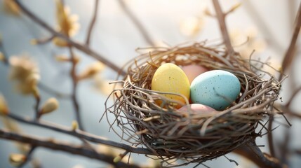 Wall Mural - 3D rendering of Easter eggs in a bird nest on a tree branch with a white bright background.