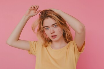 Wall Mural - Worried young woman with hair loss problem on pink background, Concerned Young Woman Facing Hair Loss Problem on Pink Background, Worried Female with Hair Thinning Issues on Pink Background