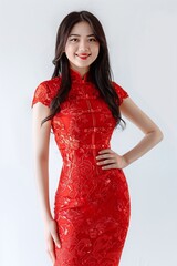 Wall Mural - Young woman in traditional Korean red dress with gold patterns, smiling against white background, cultural attire, elegant portrait, perfect for fashion and cultural themes