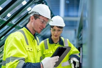 Male and female engineers in neat work clothes prepare and control the production system of large modern machines in a factory producing industrial technology products.