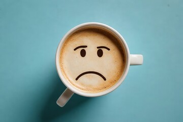 Closeup coffee cup with sad face drawn on coffee, top view angle on isolated light blue background