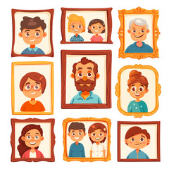 Wall Mural - Family photo frames. Happy big families cartoon characters photograph frame, father mother children parents together memory picture snapshot vector illustration