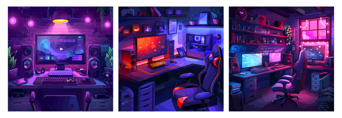 Gamer workplace cartoon background. Game player or hacker room in neon light, desk computer screens keyboard work armchair modern cyberspace gaming studio vector illustration