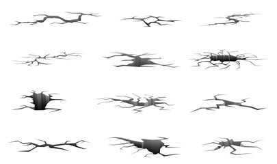 Ground cracks. Earthquake or drought effects. Split surface. Deep 3D holes. Damaged earth. Cracked ruin concrete wall or floor. Destruction clefts. Broken road. Grungy fissures vector set