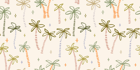 Wall Mural - Seamless pattern with ink doodle Palm trees. Trendy tropical background. Hand drawn vector illustration. Boho, beach , jungle wallpaper. 