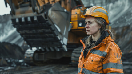 Wall Mural - Focused construction worker in safety gear at quarry site.