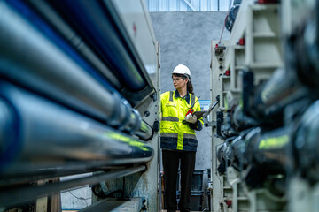 Wall Mural - female engineers in neat work clothes prepare and control the production system of large modern machines in a factory producing industrial technology products.