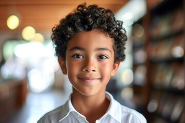 Portrait of happy smiling boy with black short curly hair wearing white shirt in school, Generative AI