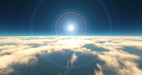 Wall Mural - fly above clouds sunset landscape 3d render
