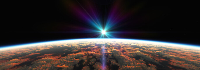 Wall Mural - earth sunrise from space over cloudy ocean. 3d rendering