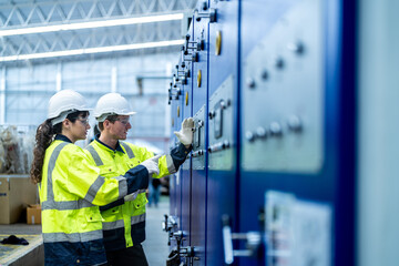 Wall Mural - Male and female engineers in neat work clothes prepare and control the production system of large modern machines in a factory producing industrial technology products.