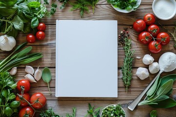 blank white book cover mockup on an Italian kitchen table surrounded by fresh ingredients and herbs, in high definition, with copy space for text or design