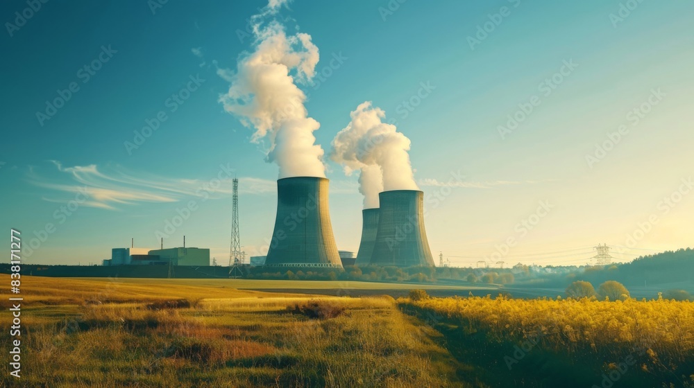 Construction of a nuclear power plant, featuring cooling towers and ...