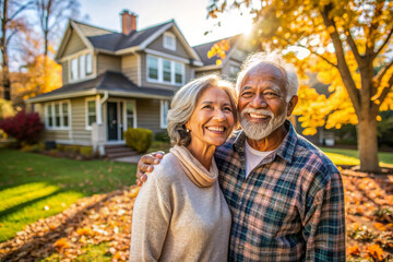 Wall Mural - Happy senior couple smiling and bonding in the backyard looking at camera. Happy elderly lovely enjoying quality time together outside at autumn