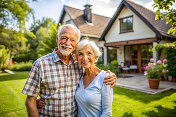 Wall Mural - Happy senior couple smiling and bonding in the backyard looking at camera. Happy elderly lovely enjoying quality time together outside at summer