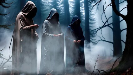 Wall Mural - hooded figures standing in a foggy dark forest 4k features an a.i. generated video of three figures 