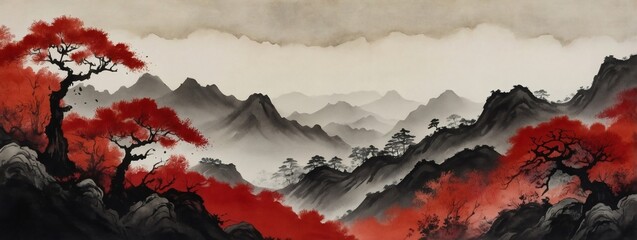 Wall Mural - Authentic Chinese ink art, Red landscape of hills and trees on textured paper, reflecting traditional Asian and Japanese design.