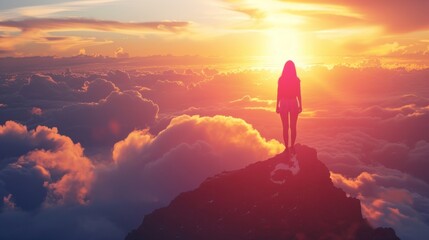 Silhouette of a woman on a sunset peak among the clouds.