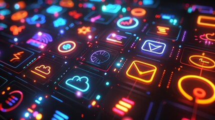 Wall Mural - a futuristic social icon chart for businesses, featuring a neonaccented 3d render on a dark black ba