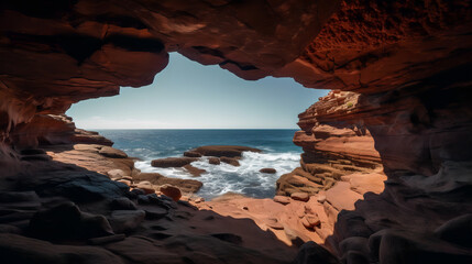 Wall Mural - photo of the sea view inside an ancient cave, waves crashing against rocks, red rock walls, blue sky, beautiful, natural light.