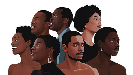 Chromatic Group of black people, black individuals, isolated on transparent background Juneteenth freedom day, black history month