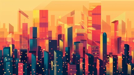 A cityscape with buildings in various colors and sizes