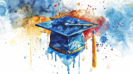 In a vibrant watercolor style, a graduation cap with a blue and gold tassel is depicted with a futuristic twist