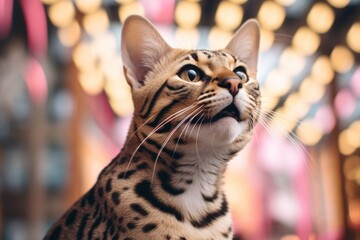 Sticker - Portrait of a happy savannah cat isolated in vibrant shopping mall background