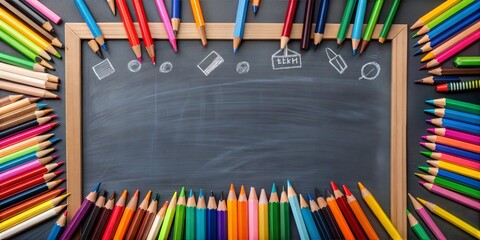 Wall Mural - Colorful array of school supplies forming a border on a dark chalkboard with copy space, creating a creative space for educational themes