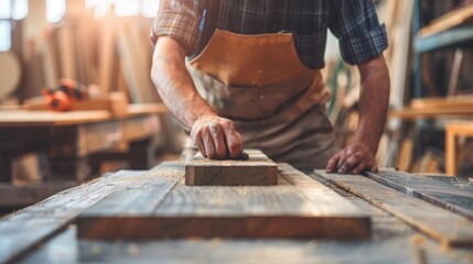 Sticker - man owner a small furniture business is preparing wood for production. carpenter male is adjust wood to the desired size. architect, designer, Built-in, professional wood, craftsman, workshop.