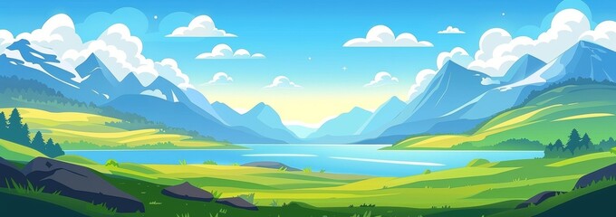 Canvas Print - An illustration of a summer day landscape with a river or lake at the foot of a high mountain range. That scene is illustrated with lush green grass on banks of a pond near hills, and a blue sky with