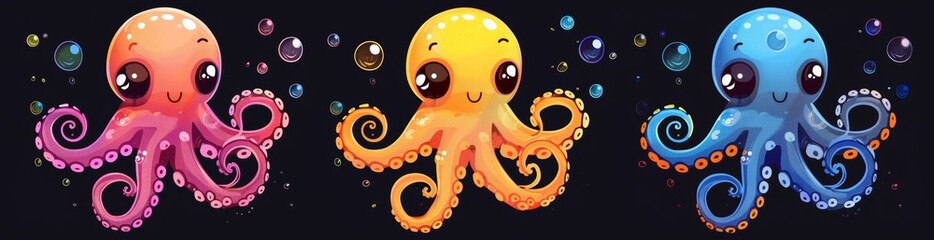 Modern illustrations of purple, green, yellow underwater animals with tentacles and big eyes, floating bubbles in sea or ocean water, marine mascot.