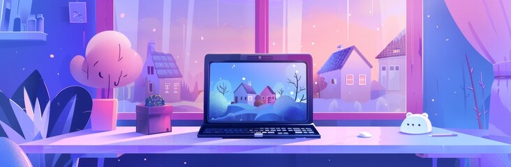 Wall Mural - A laptop is positioned on the windowsill of a large window overlooking a farm, windmill, tractor, and fruit trees. Modern illustration of an interior of a rural house with a computer, blue wallpaper,