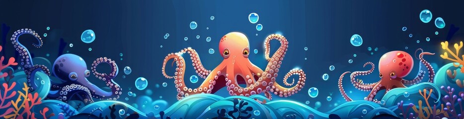 Sea baby squid cartoon. Funny animal with tentacles drawing clipart. Red and orange undersea kraken monster. Ocean creatures friendly to invertebrates. A collection of invertebrate friendly assets